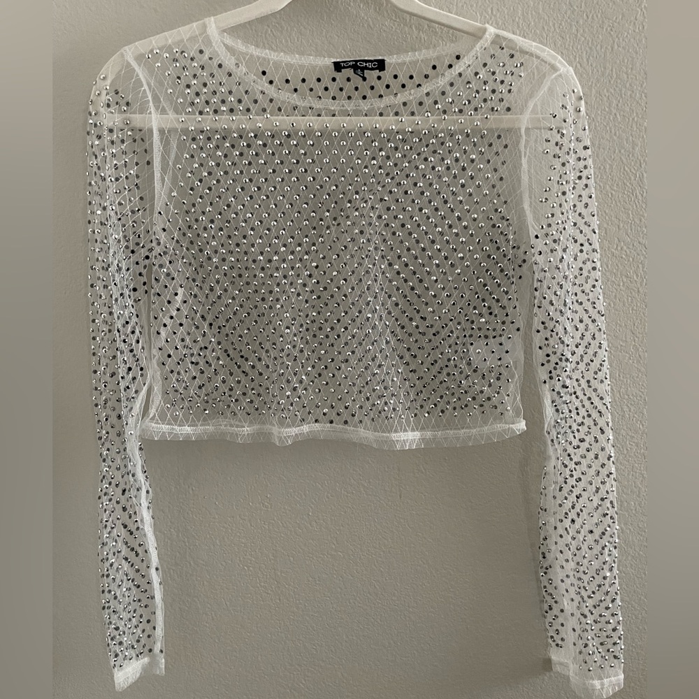 Top Chic rhinestone detail sheer mesh top